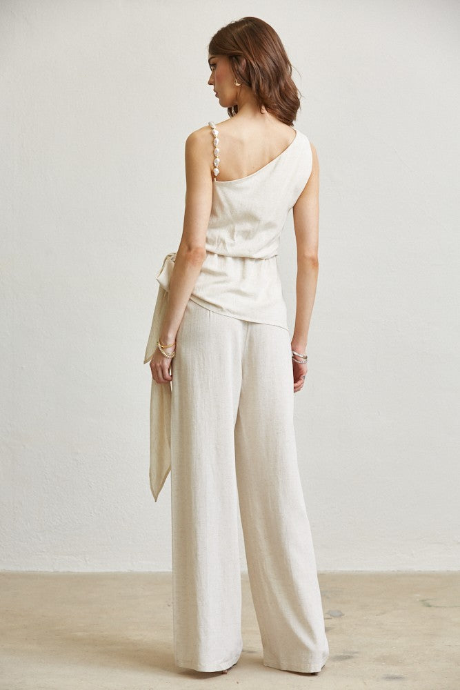 Pearl-strap Draped Linen 2pc Pant Set