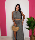 Striped Halter & Ruched Maxi Skirt Set