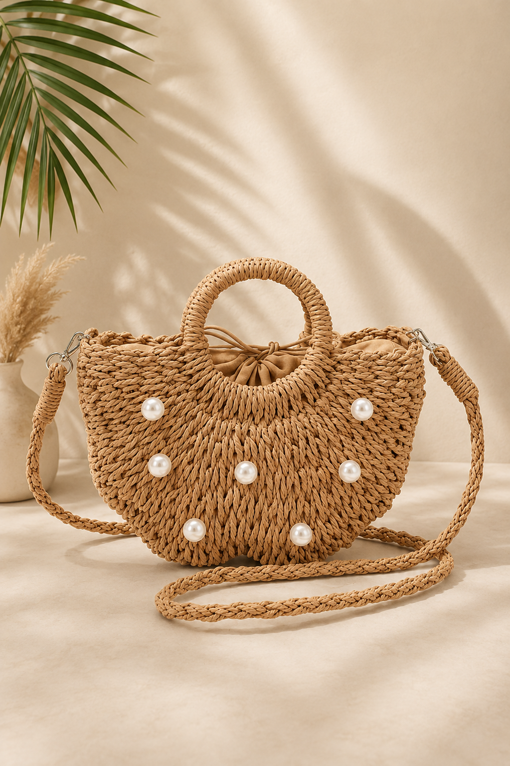 Pearl Embellished Faux Straw Tote Bag